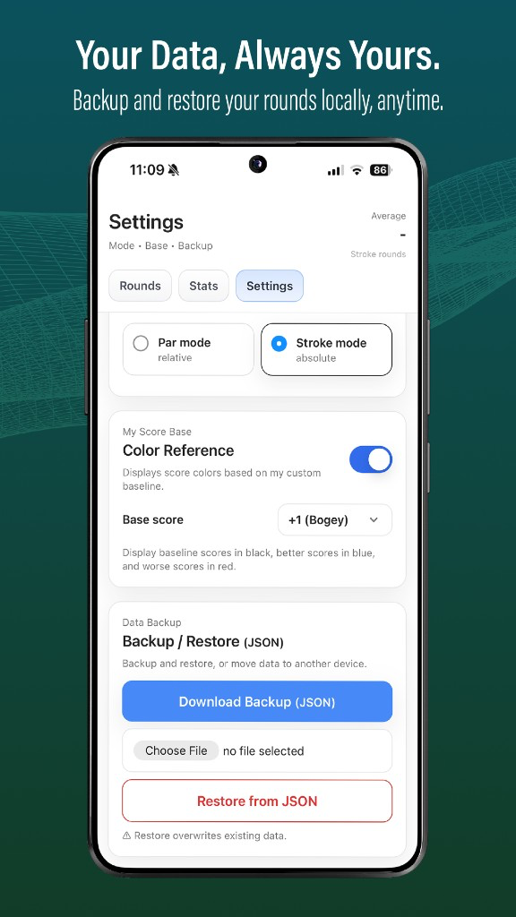 Your Data, Always Yours. Settings for scoring mode, color reference, and JSON backup.