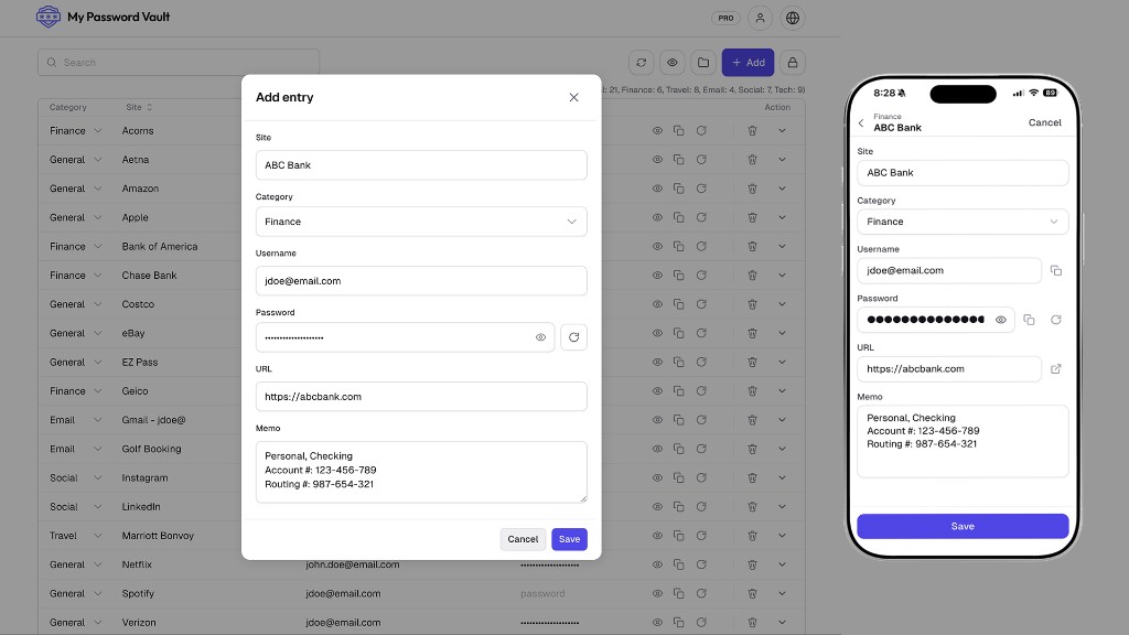Add entry on web and iPhone, with site, category, username, password, URL, and memo