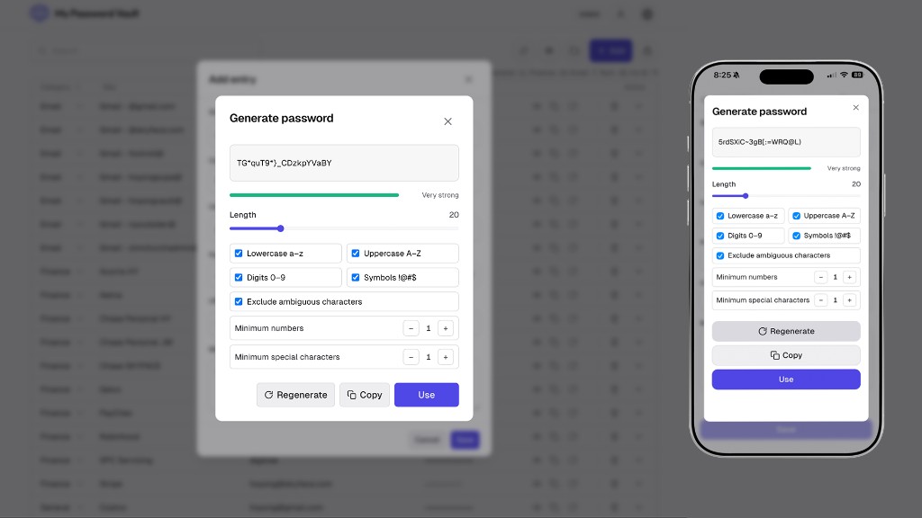 Password generator on web and iPhone, with length, character sets, and strength meter