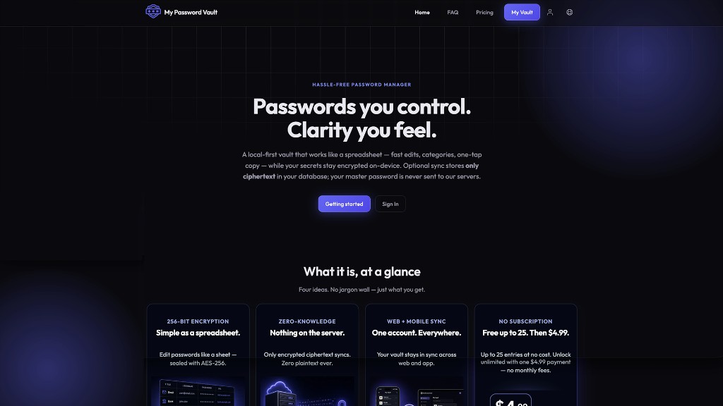 My Password Vault marketing site: Passwords you control. Clarity you feel.