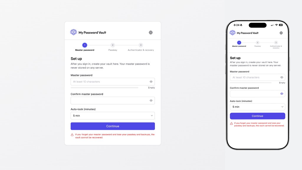 Vault setup on web and iPhone: master password, auto-lock, and a warning that the vault cannot be recovered without a passkey and backups