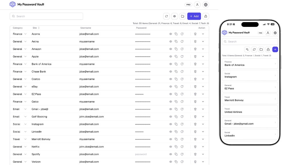 My Password Vault web spreadsheet and iPhone list, with categorized logins such as Bank of America and Instagram